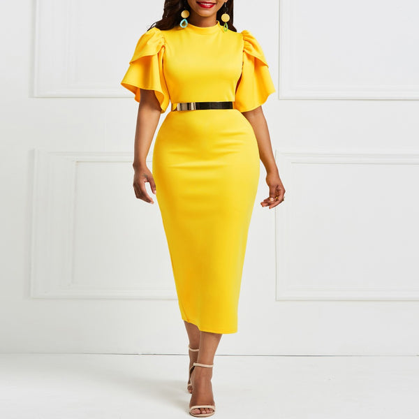 women office dress ladies yellow dress