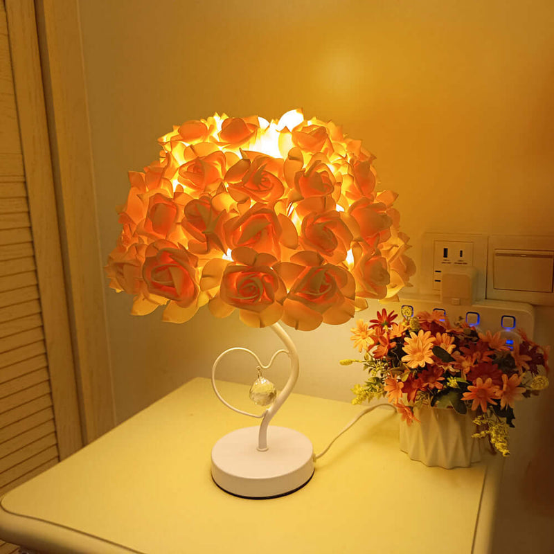 White stem heart-shaped crystal umbrella-shaped rose flower table lamp