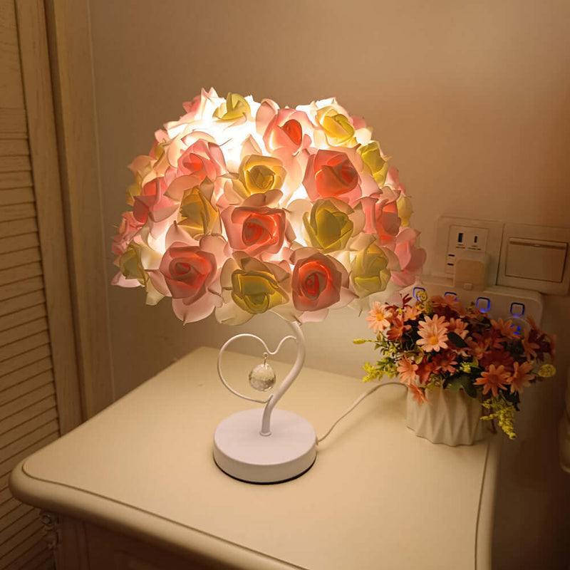 White stem heart-shaped crystal umbrella-shaped rose flower table lamp